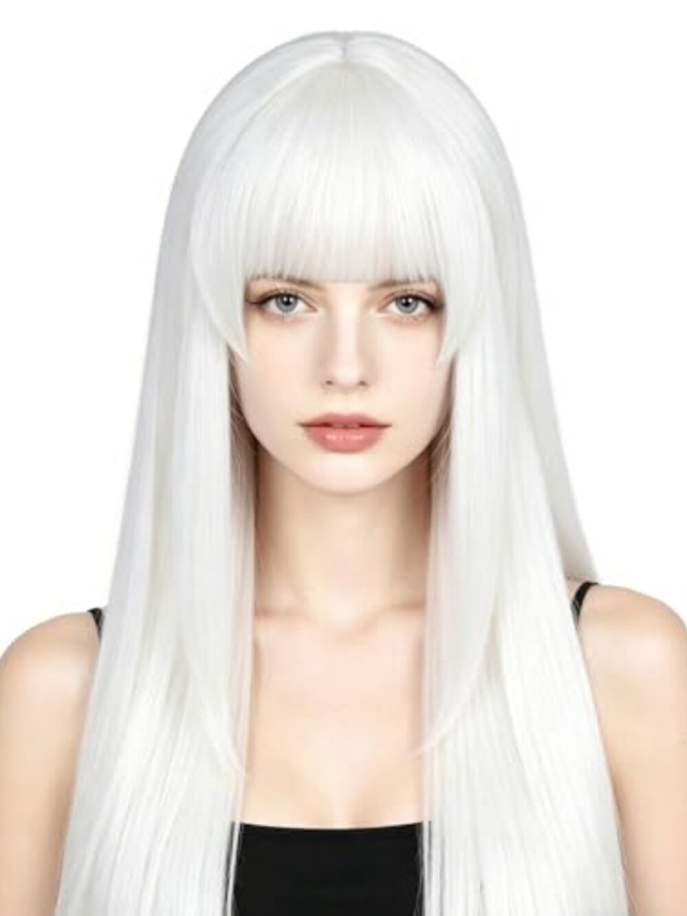 White 80cm 32" Long Straight Cosplay Wig Middle Parted Flat Bangs